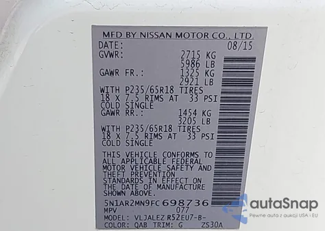 2015 Nissan Pathfinder Sv z USA, uszkodzony, nr VIN 5N1AR2MN9FC698736